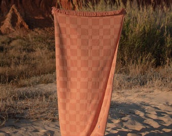Großes Strandtuch Baumwolle Sonnenuntergang Pfirsich mit geometrischer Prägung (170 x 90 cm)