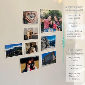 Puede incluir: Una colección de imanes fotográficos enmarcados exhibidos en una pared blanca. Los imanes presentan varias imágenes, incluyendo una familia, un gato, un perro y paisajes. El texto a la derecha dice "High Quality Photo Magnets."