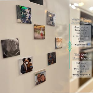 May include: A collection of square photo magnets with different images on a white surface. The magnets are high quality and have a protective layer on the photo. The text on the magnets reads "Magnets photo de haute qualité" and "High Quality Photo Magnets".