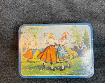 Vintage Estonian cookie tin featuring dancers in national costumes. Norma Estonia