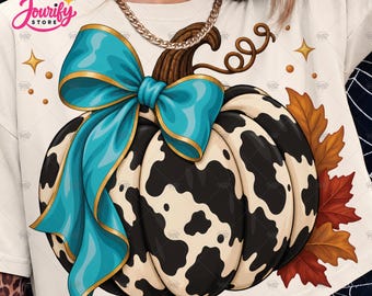 Cow Print Pumpkin PNG, Turquoise Bow Fall Sublimation, Bold Vector Autumn Clipart, Tumbler Download