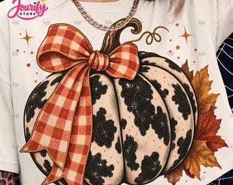 Cowhide Pumpkin PNG, Rust Gingham Bow Fall Sublimation, Western Autumn Clipart, Retro Shirt Download