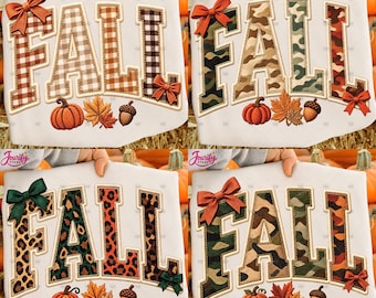 Fall Word PNG Bundle, Camo Leopard Gingham Varsity Faux Embroidery Autumn Shirt Sublimation Download