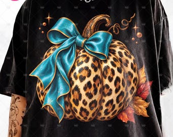 Calabaza occidental PNG, lazo de leopardo turquesa para sublimación de otoño, imágenes prediseñadas de otoño campestre, descarga para camisetas y vasos