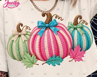 Preppy Pumpkin PNG, Pink Turquoise Striped Fall Trio, Girly Autumn Clipart, Bow Sublimation Download
