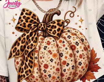 Blommig pumpa PNG, Leopard rosett höst sublimering, Boho höst clipart, rustik skjorttumbler nedladdning