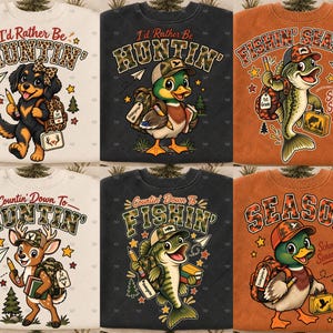 May include: Six crewneck sweatshirts featuring graphic prints of animals including a dog, duck, fish, and deer. The designs incorporate text such as I'd Rather Be Huntin', Fishin' Season, and Countin' Down To, alongside school-themed items like backpacks, pencils, and books.