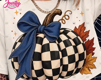 Farmhouse Pumpkin PNG, Navy Bow Checkered Fall Sublimation, Rustic Autumn Clipart, Shirt Tumbler Download