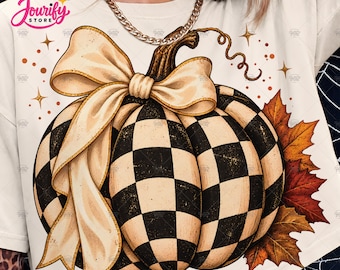 Checkerboard Pumpkin PNG, Black Cream Bow Fall Sublimation, Vintage Boutique Autumn Clipart, Shirt Download