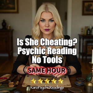 May include: A woman with blonde hair and blue eyes is centered in the image. Text reads "Is She Cheating? Psychic Reading No Tools" with "SAME HOUR" in a red banner. Five gold stars and "KaroPsychicReadings" are also present.