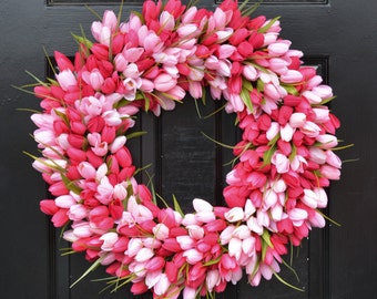 Thin Pink Tulip Wreath, Spring Door Decor, Mother's Day Gift