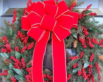 Weatherproof Outdoor Christmas Bow for Wreath, Handmade Red Bow Christmas Decor, Wired Ribbon Front Door Mailbox, Fencepost, Waterproof