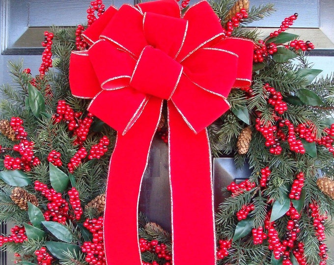 Weatherproof Outdoor Christmas Bow for Wreath, Handmade Red Bow Christmas Decor, Wired Ribbon Front Door Mailbox, Fencepost, Waterproof