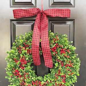 Modern Farmhouse Christmas Wreath: Boxwood & Red Berries with Designer Ribbon