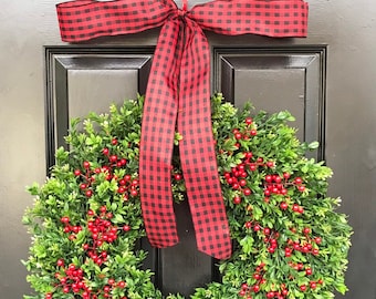 Farmhouse Christmas Wreath Front Door Outdoor Boxwood Red Berries Holiday Wreath Winter Farmhouse decor- Storm Door Wreath Decor