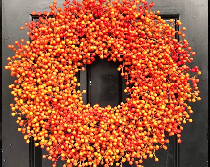 Orange Weatherproof Berry Wreath, Waterproof Fall Wreath, Halloween Decor, Halloween Wreath Decoration, Artificial Berries 24 inch shown
