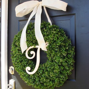 Faux Boxwood Wreath, Monogram Spring Wreath, Outdoor Door Hanging, Fall Wreaths, Spring Decor, Boxwood with Burlap Bow image 1