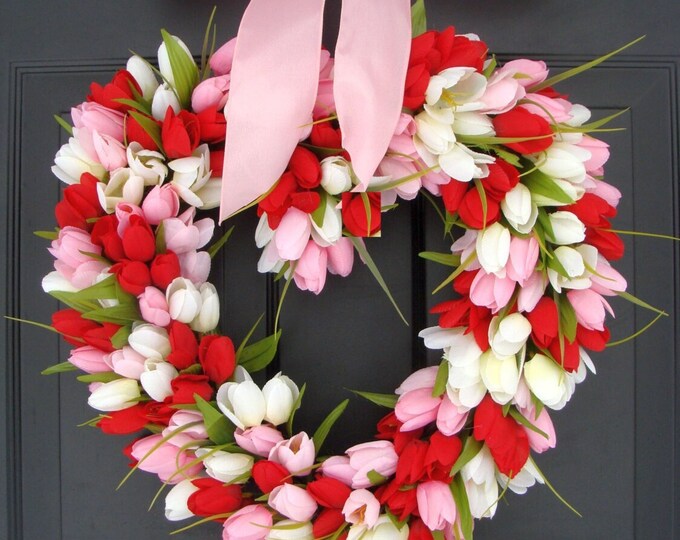 Red Tulip Heart Wreath: Valentine's Day Front Door Decor