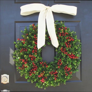 Farmhouse Christmas Wreath Front Door Outdoor Boxwood Red Berries Holiday Wreath Winter Farmhouse decor Storm Door Wreath Decor image 3