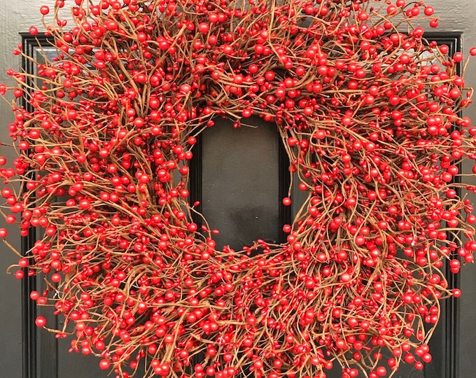 Red Berry Christmas Holiday Wreath: Front Door Farmhouse Decor Everyday