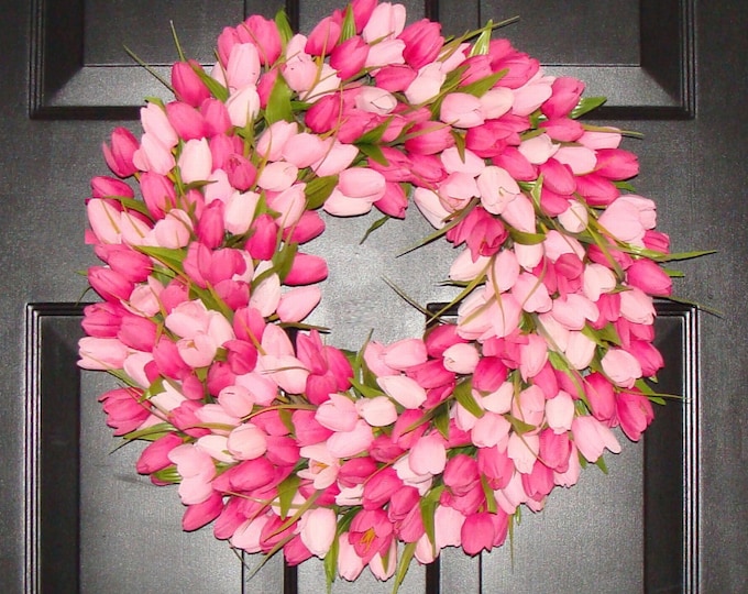 Spring Wreath- Pink Mini Tulip Spring Wreath- Front Door Wreath for Spring