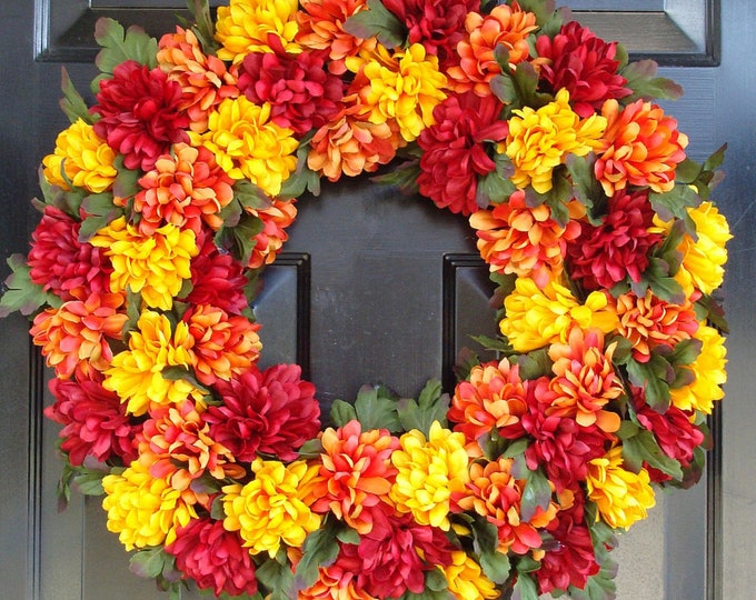 Autumn Mums Fall Wreath for Outdoor, Thanksgiving Wreath, Fall Wreaths, Silk Mums Wreath, Fall Decor, Large 22 inch Door Wreath