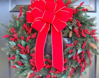 Handmade Large Wired Christmas Bow: Wired Outdoor Wreath Bows, Fence, Window Wreath, Lamp Post, Lantern, Mail Box Decor