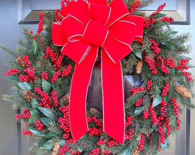 XL Handmade Red Velvet Christmas Bow: Wired Outdoor Wreath Decor