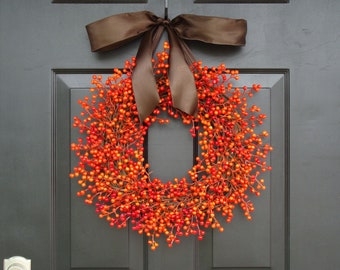 Fall Berry Wreaths,  Monogram Fall Wreaths, Orange Pumpkin Wreath with Bow WEATHERPROOF Berries