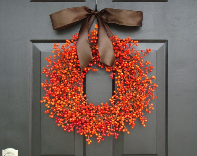 Fall Berry Wreaths,  Monogram Fall Wreaths, Orange Pumpkin Wreath with Bow WEATHERPROOF Berries