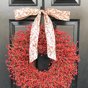 Red Berry Wreath with Bow: Holiday Front Door Decor