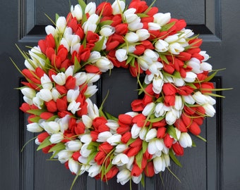 valentines Day Wreath with Tulips Spring Wreath- Tulip Spring Wreath- Valentine's Day Wreath- Red and White Valentine Decor