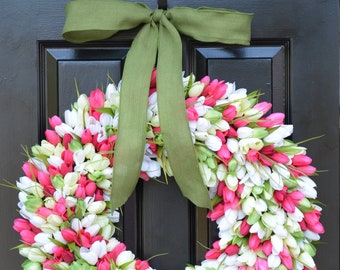Tulips Spring Wreath- Spring Decor- Gift for Her- Mothers Day Gift- Easter Wreath- Outdoor Wreath- Burlap Wreath