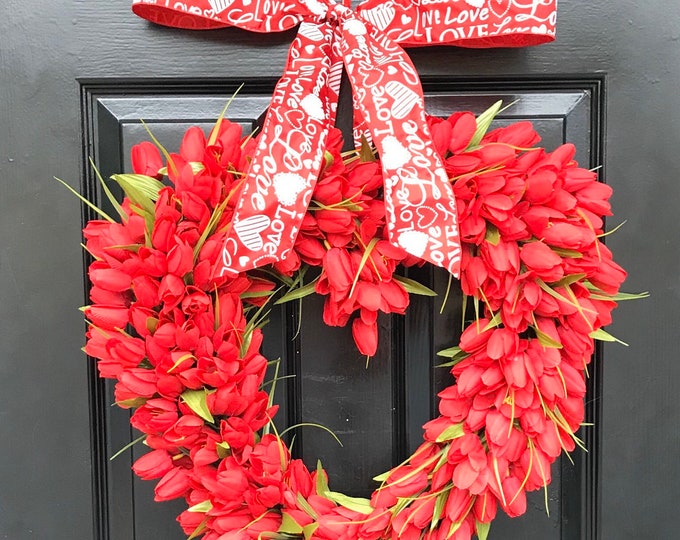 XL Red Tulip Heart Wreath  Valentine's Day Wreath  Heart Valentine Decor  Valentines Day Gift  Wedding Gift Wedding Decor Spring- 20-21 inch