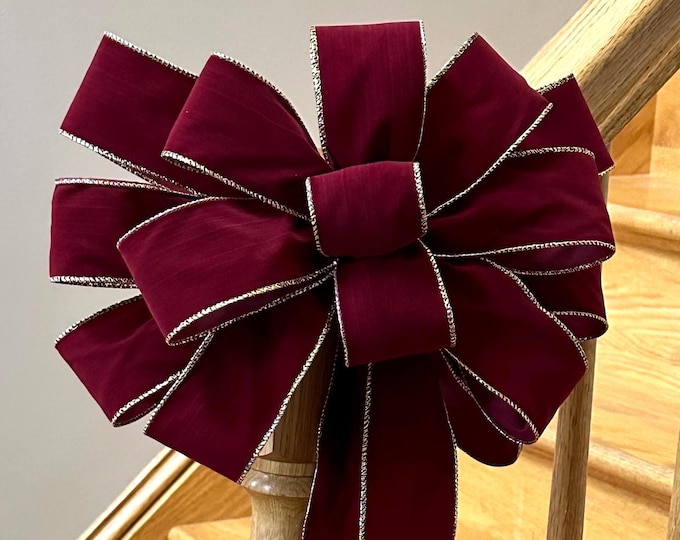 XL Handmade Velvet Christmas Wreath Bow: Wired & Weatherproof Burgundy Velvet with Gold Trim