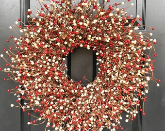 Valentines Day Wreath- Front Door Red and Cream Berry Wreath- Valentines Day -Door Wreath-Year Round Wreath-Christmas Wreath