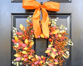 Berry Autumn Leaves Fall Wreath: Handmade Front Door Decor
