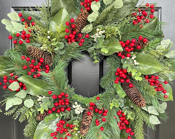 Red Berry Magnolia and Pine Christmas Wreath: 24 or 28 Inch with Custom Additions