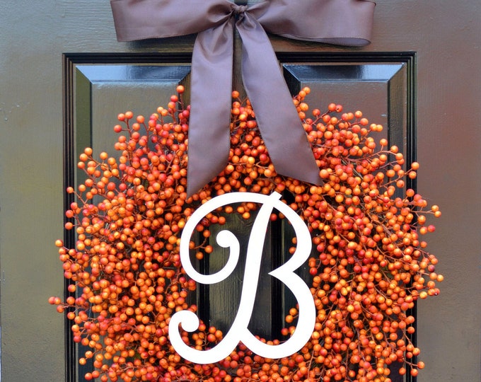BESTSELLING Weatherproof Berry Monogram Fall Wreath- Outdoor Pumpkin Orange Fall Wreath-Autumn Berry Wreath- Fall Wedding Decor-WEATHERPROOF