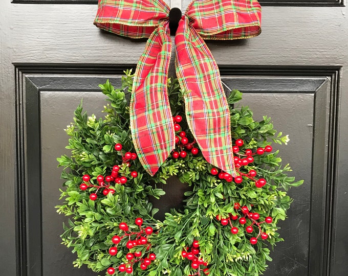 Boxwood Christmas Wreath with Red Berries: Weatherproof Holiday Decor
