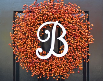 Fall Berry Wreaths,  Monogram Fall Wreaths, Orange Pumpkin Wreath with Bow WEATHERPROOF Berries