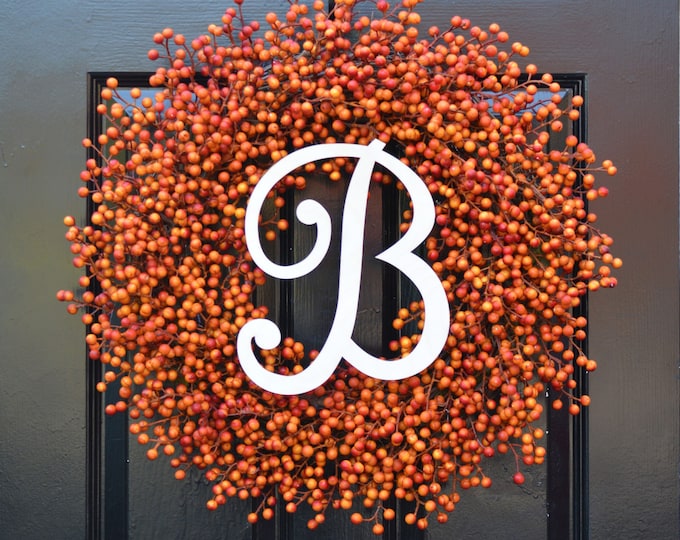Fall Berry Wreaths,  Monogram Fall Wreaths, Orange Pumpkin Wreath with Bow WEATHERPROOF Berries