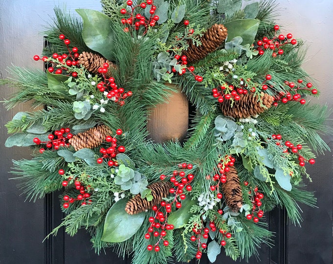 SALE Pine Berry Magnolia Christmas Wreath Front Door Holiday Wreath Artificial Waterproof Winter Wreath Outdoor Door Wreath 24 inch shown