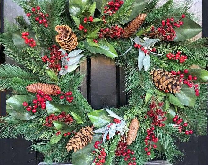 Ourdoot Pine Berry Magnolia Christmas Wreath: 24" Farmhouse Holiday Front Door Decor