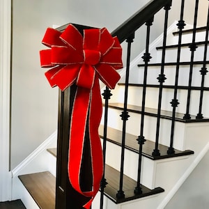 XL Christmas Wreath Bow, Christmas Bow for Wreath, Handmade Wired Red Velvet Outdoor Christmas Bow- 12, 24, 30 inch tails outdoor reusable