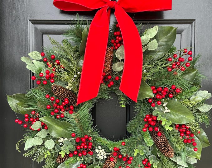 XXL Christmas Pine Wreath: Magnolia, Weatherproof Red Berries, Pine Cone, Eucalyptus Multiple Sizes Available