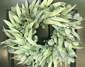 California Eucalyptus Year Round Wreath XL Thin Spring or Summer Wreath for Door, Outdoor, Plastic, Realistic and Weatherproof 22 inch