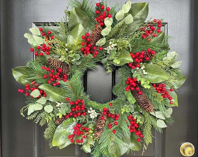 Red Berry Magnolia and Pine Christmas Wreath: 24 or 28 Inch with Custom Additions