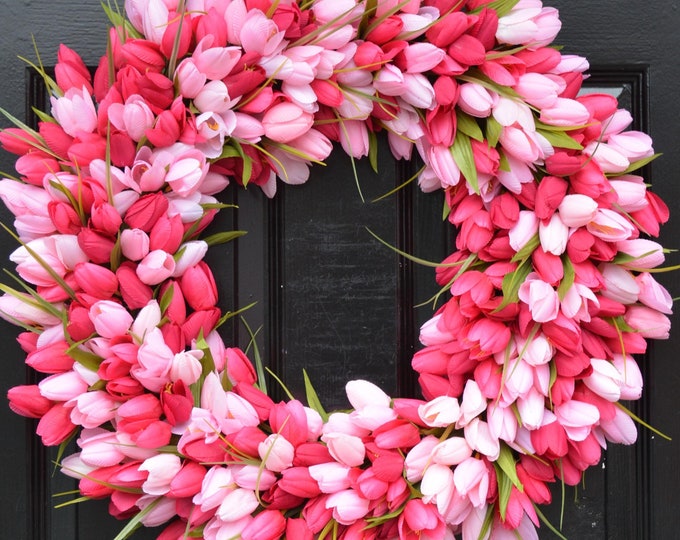 Spring Wreath- Pink Mini Tulip Spring Wreath- Front Door Wreath for Spring- Mother's Day Gift- Front Door Summer Wreath- Gift for Her
