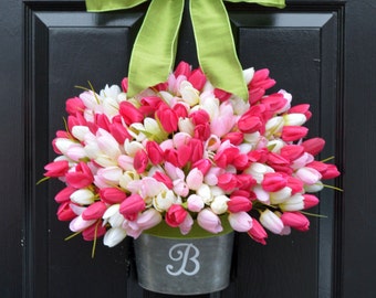 Easter Wreath Tulip Wreath- Spring Wreath-Spring Decor Monogram Wreath Front Door Bucket- Mother's Day Gift- Gift for Mom- Wreath for Spring